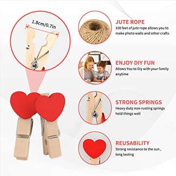 jijAcraft 100Pcs Clothespins with String, 1.4 inch Heavy-Duty Wooden Clothes Pins with Red Heart, Mini Photo Clips for Hanging Clip Photos, Clothes, Crafts, Arts Outdoor and Indoor