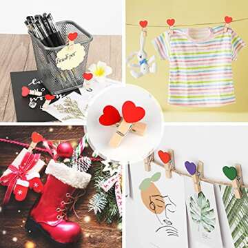 jijAcraft 100Pcs Clothespins with String, 1.4 inch Heavy-Duty Wooden Clothes Pins with Red Heart, Mini Photo Clips for Hanging Clip Photos, Clothes, Crafts, Arts Outdoor and Indoor