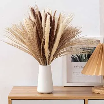 Dried Pampas Grass, 60 Pcs Natural Pampas Grass with 3 Colors Fluffy Swinging DIY Boho Plant 17" Small Flower Bouquet Decorative Flora Arrangement Home Decor for Living Room Balcony Wedding Party