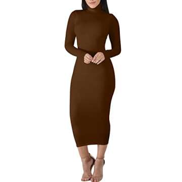BORIFLORS Women's Sexy Basic Long Sleeve Turtleneck Bodycon Party Long Pencil Dress,Medium,Coffee