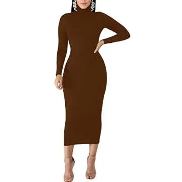 BORIFLORS Women's Sexy Basic Long Sleeve Turtleneck Bodycon Party Long Pencil Dress,Medium,Coffee