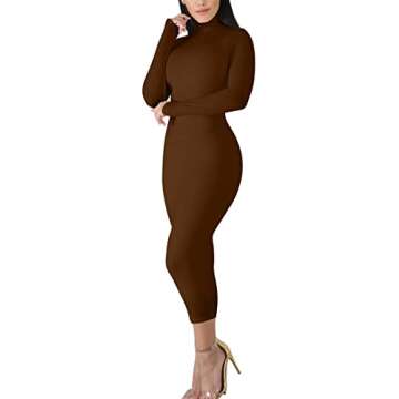 BORIFLORS Women's Sexy Basic Long Sleeve Turtleneck Bodycon Party Long Pencil Dress,Medium,Coffee