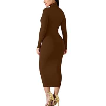 BORIFLORS Women's Sexy Basic Long Sleeve Turtleneck Bodycon Party Long Pencil Dress,Medium,Coffee