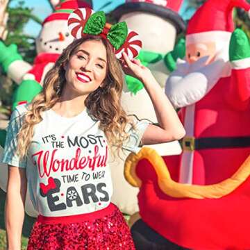 UNSPAZ Christmas Mouse Ears Headband, 2 PCS Christmas Ears for Women Kids, Sequin Bow Headbands for Christmas Parties Cosplay Costume (Peppermint Green & Red Snowflake)