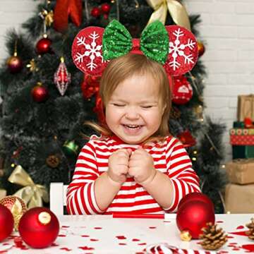 UNSPAZ Christmas Mouse Ears Headband, 2 PCS Christmas Ears for Women Kids, Sequin Bow Headbands for Christmas Parties Cosplay Costume (Peppermint Green & Red Snowflake)
