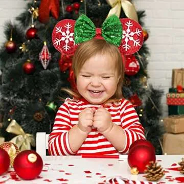 UNSPAZ Christmas Mouse Ears Headband, 2 PCS Christmas Ears for Women Kids, Sequin Bow Headbands for Christmas Parties Cosplay Costume (Peppermint Green & Red Snowflake)