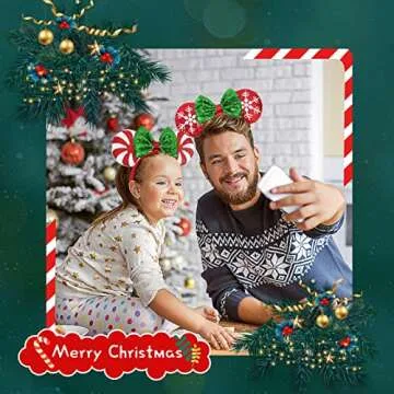 UNSPAZ Christmas Mouse Ears Headband, 2 PCS Christmas Ears for Women Kids, Sequin Bow Headbands for Christmas Parties Cosplay Costume (Peppermint Green & Red Snowflake)