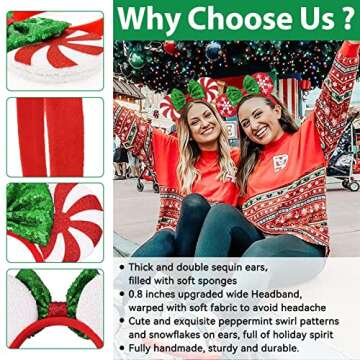UNSPAZ Christmas Mouse Ears Headband, 2 PCS Christmas Ears for Women Kids, Sequin Bow Headbands for Christmas Parties Cosplay Costume (Peppermint Green & Red Snowflake)