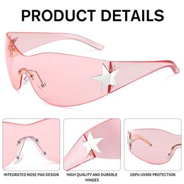 COASION Rimless 2000s Wrap Around Star Sunglasses Women Men Visor Shield Shades Oversized Fashion Frameless Sun Glasses (Clear Pink)