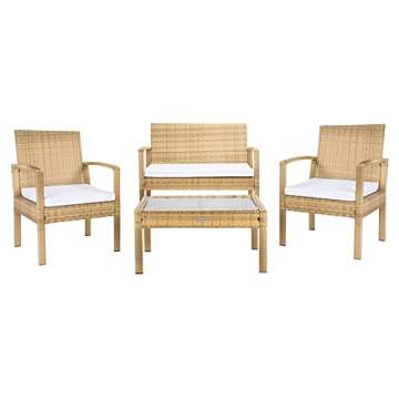 SAFAVIEH Outdoor Collection Bassey Natural/White Cushion 4-Piece Conversation Patio Set PAT7507D
