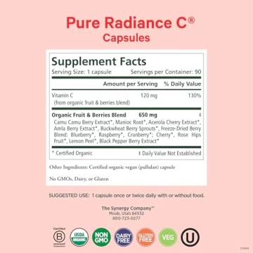 PURE SYNERGY Pure Radiance C | Organic Vitamin C Capsules | 100% Natural, Whole Food, Non-GMO Supplement with Camu Camu Extract | for Immune and Collagen Support (90 Capsules)