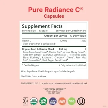 PURE SYNERGY Pure Radiance C | Organic Vitamin C Capsules | 100% Natural, Whole Food, Non-GMO Supplement with Camu Camu Extract | for Immune and Collagen Support (90 Capsules)