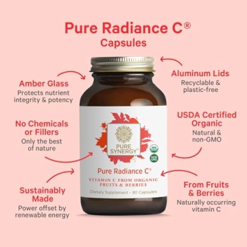 PURE SYNERGY Pure Radiance C | Organic Vitamin C Capsules | 100% Natural, Whole Food, Non-GMO Supplement with Camu Camu Extract | for Immune and Collagen Support (90 Capsules)