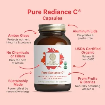 PURE SYNERGY Pure Radiance C | Organic Vitamin C Capsules | 100% Natural, Whole Food, Non-GMO Supplement with Camu Camu Extract | for Immune and Collagen Support (90 Capsules)