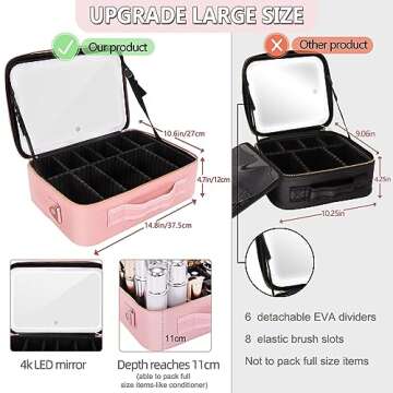 Large Makeup Bag With Light Up Mirror, [Extra Large Size] Yofuly Lighted Makeup Case, Travel Makeup Train Case with Adjustable Dividers and 10x Magnifying Mirror | 3 Adjustable Brightness