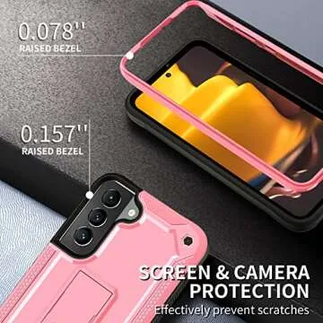 URBANITE Case for Samsung Galaxy S22 Plus 5G, Military Grade Heavy Duty Shockproof Protective Cover with Tempered Glass Screen Protector, Built-in Kickstand (Pink)