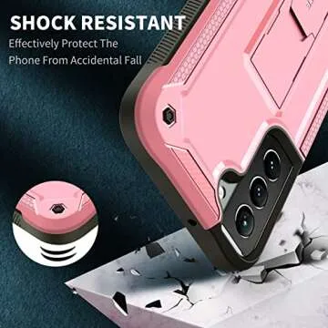 URBANITE Case for Samsung Galaxy S22 Plus 5G, Military Grade Heavy Duty Shockproof Protective Cover with Tempered Glass Screen Protector, Built-in Kickstand (Pink)