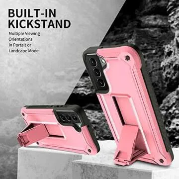 URBANITE Case for Samsung Galaxy S22 Plus 5G, Military Grade Heavy Duty Shockproof Protective Cover with Tempered Glass Screen Protector, Built-in Kickstand (Pink)