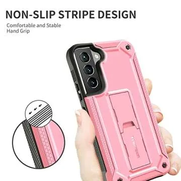 URBANITE Case for Samsung Galaxy S22 Plus 5G, Military Grade Heavy Duty Shockproof Protective Cover with Tempered Glass Screen Protector, Built-in Kickstand (Pink)