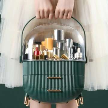 CANITORON Makeup Organizer,Skincare Organizer with 2 Drawers and Brush Storage Box,Lipstick Holder,Cosmetic Display Case for Vanity Organizer and Bathroom Countertop Storage.(Green)