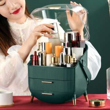 CANITORON Makeup Organizer,Skincare Organizer with 2 Drawers and Brush Storage Box,Lipstick Holder,Cosmetic Display Case for Vanity Organizer and Bathroom Countertop Storage.(Green)