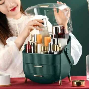 CANITORON Makeup Organizer,Skincare Organizer with 2 Drawers and Brush Storage Box,Lipstick Holder,Cosmetic Display Case for Vanity Organizer and Bathroom Countertop Storage.(Green)