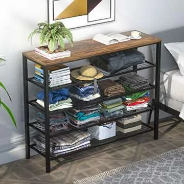 Topfurny Shoe Rack, Industrial Shoe Storage Organizer, Large 5-Tier Metal Shoe Rack Shelves with Wood Board, Entryway Table for Hallway, Living Room, Closet, Bedroom
