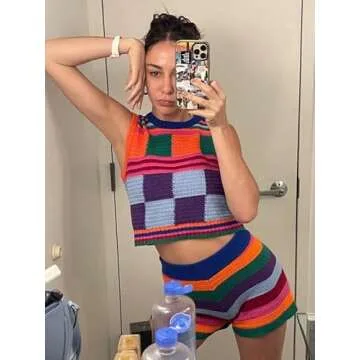 Women Knit Print 2 Piece Shorts Sets Crochet Sleeveless Crop Cami Tops High Waist Shorts Bodycon Jumpsuit Y2k Streetwear(A3-color,S)