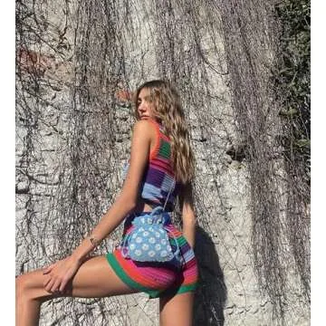 Women Knit Print 2 Piece Shorts Sets Crochet Sleeveless Crop Cami Tops High Waist Shorts Bodycon Jumpsuit Y2k Streetwear(A3-color,S)