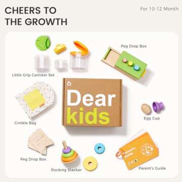 Tiny Land Montessori Toy Set for Babies 1 Year Old Thinker Play Kit- 5-in-1 Wooden Learning Toys with Peg Drop Box, Rocking Stacker, Egg Cup, Canister Set, and Crinkle Bag