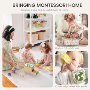 Tiny Land Montessori Toy Set for Babies 1 Year Old Thinker Play Kit- 5-in-1 Wooden Learning Toys with Peg Drop Box, Rocking Stacker, Egg Cup, Canister Set, and Crinkle Bag