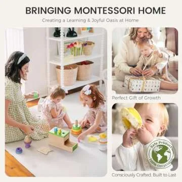 Tiny Land Montessori Toy Set for Babies 1 Year Old Thinker Play Kit- 5-in-1 Wooden Learning Toys with Peg Drop Box, Rocking Stacker, Egg Cup, Canister Set, and Crinkle Bag