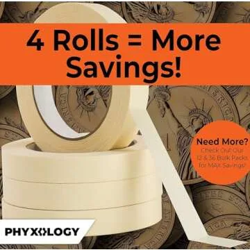 Phyxology Supply 3/4 in Pro-Grade Masking Tape. 60 Yard Roll 4 Pack = 240 Yards of Multi-Use, Easy Tear Removable Tape. Great for Labeling, Painting, Packing and More. Adhesive Leaves No Residue!