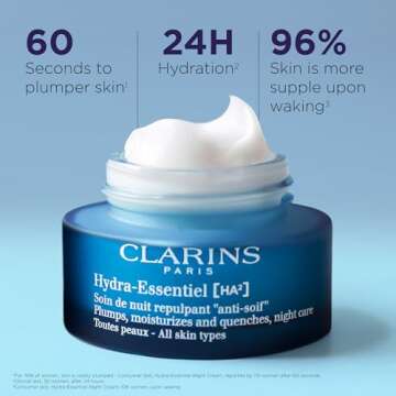 Clarins Hydra-Essentiel Silky Cream and Night Cream Intensely Hydrating Bundle | 60 Seconds to Plumper Skin*| 24H hydration**| Daytime Face Moisturizer for Normal to Dry Skin |Contains Hyaluronic Acid