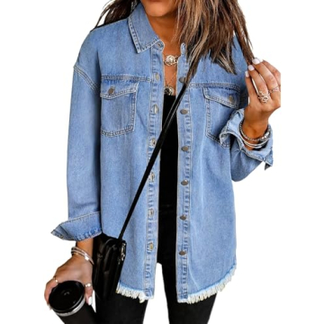 Vetinee Tops for Women Oversized Boyfriend Wave Blue Front Button Up Frayed Raw Hem Long Sleeve Pock...