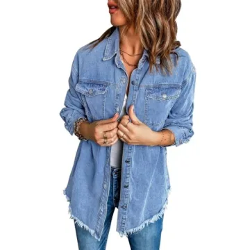 Vetinee Tops for Women Oversized Boyfriend Wave Blue Front Button Up Frayed Raw Hem Long Sleeve Pockets Denim Jean Jacket Shacket Medium Size 8/10
