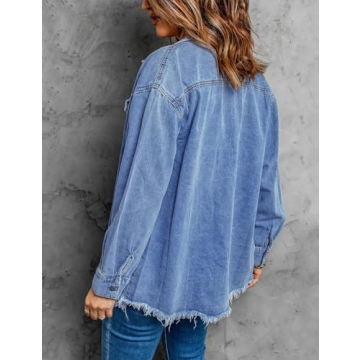 Vetinee Tops for Women Oversized Boyfriend Wave Blue Front Button Up Frayed Raw Hem Long Sleeve Pockets Denim Jean Jacket Shacket Medium Size 8/10