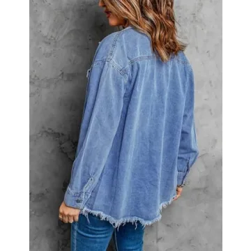 Vetinee Tops for Women Oversized Boyfriend Wave Blue Front Button Up Frayed Raw Hem Long Sleeve Pockets Denim Jean Jacket Shacket Medium Size 8/10
