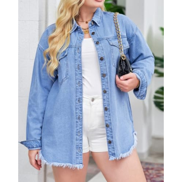 Vetinee Tops for Women Oversized Boyfriend Wave Blue Front Button Up Frayed Raw Hem Long Sleeve Pockets Denim Jean Jacket Shacket Medium Size 8/10