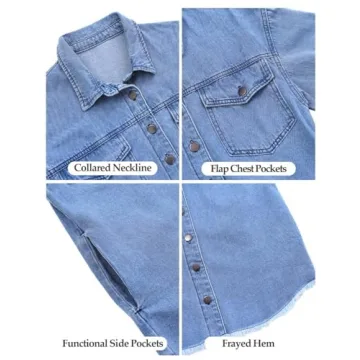 Vetinee Tops for Women Oversized Boyfriend Wave Blue Front Button Up Frayed Raw Hem Long Sleeve Pockets Denim Jean Jacket Shacket Medium Size 8/10