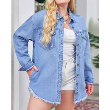 Vetinee Tops for Women Oversized Boyfriend Wave Blue Front Button Up Frayed Raw Hem Long Sleeve Pockets Denim Jean Jacket Shacket Medium Size 8/10