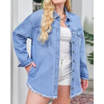 Vetinee Tops for Women Oversized Boyfriend Wave Blue Front Button Up Frayed Raw Hem Long Sleeve Pockets Denim Jean Jacket Shacket Medium Size 8/10