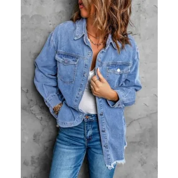 Vetinee Tops for Women Oversized Boyfriend Wave Blue Front Button Up Frayed Raw Hem Long Sleeve Pockets Denim Jean Jacket Shacket Medium Size 8/10