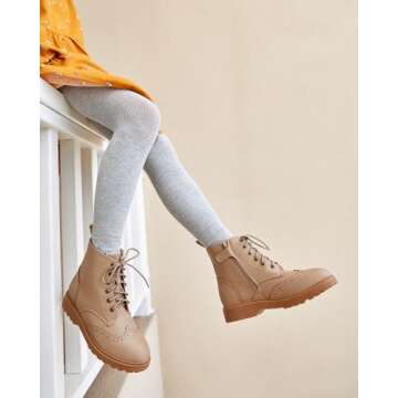 Girls Ankle Boots Lace up Low Chunky Heel Lug Sole Combat Booties Side Zipper Outdoor Walking Shoes, Khaki, Size 12