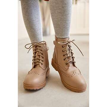 Girls Ankle Boots Lace up Low Chunky Heel Lug Sole Combat Booties Side Zipper Outdoor Walking Shoes, Khaki, Size 12