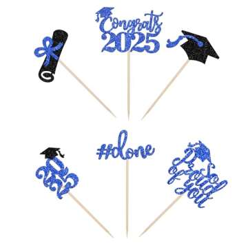 36 PCS 2025 Graduation Done Cupcake Toppers Glitter Congrats Class of 2025 Diploma Grad Cap Cupcake Picks So Proud of you Cake Decoratiosn for 2025 Graduation Theme Party Supplies Blue