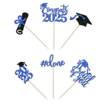 36 PCS 2025 Graduation Done Cupcake Toppers Glitter Congrats Class of 2025 Diploma Grad Cap Cupcake Picks So Proud of you Cake Decoratiosn for 2025 Graduation Theme Party Supplies Blue