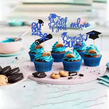 36 PCS 2025 Graduation Done Cupcake Toppers Glitter Congrats Class of 2025 Diploma Grad Cap Cupcake Picks So Proud of you Cake Decoratiosn for 2025 Graduation Theme Party Supplies Blue