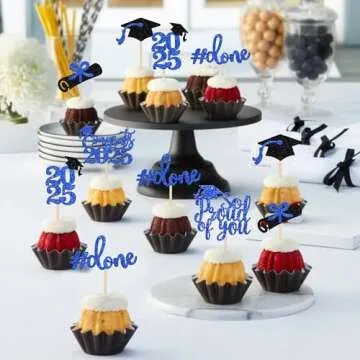 36 PCS 2025 Graduation Done Cupcake Toppers Glitter Congrats Class of 2025 Diploma Grad Cap Cupcake Picks So Proud of you Cake Decoratiosn for 2025 Graduation Theme Party Supplies Blue