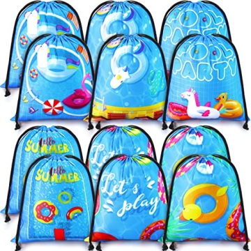 12 Pcs Pool Party Bags Drawstring Beach Bag Goody Favor Gift Bags Beach Shark Tropical Theme Party S...